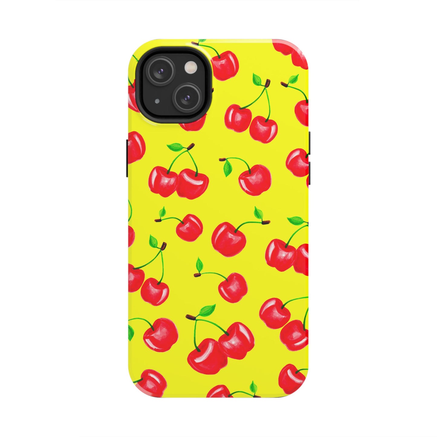 Tossed Red Watercolor Cherries Illustrated Pattern Bright Yellow Tough Phone Case | Various Models