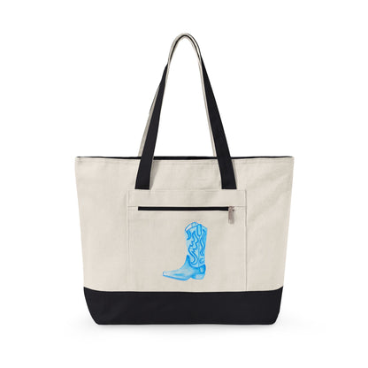 Light Blue Cowboy Boot Watercolor Printed Zippered Canvas Tote 18" x 14" | Various Colors