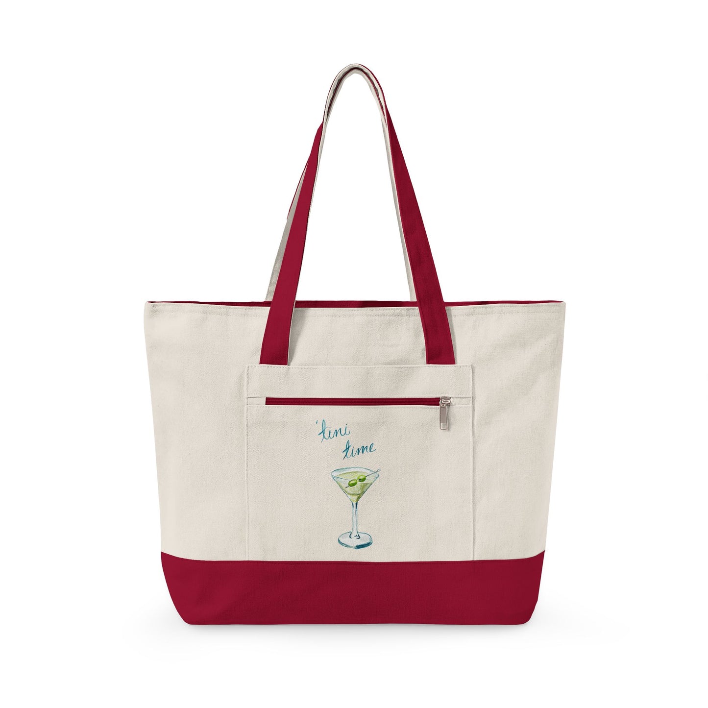 "'Tini Time" Blue Green Watercolor Martini Printed Zippered Canvas Tote 18" x 14" | Various Colors 18" x 14" x 4.5" Natural Red