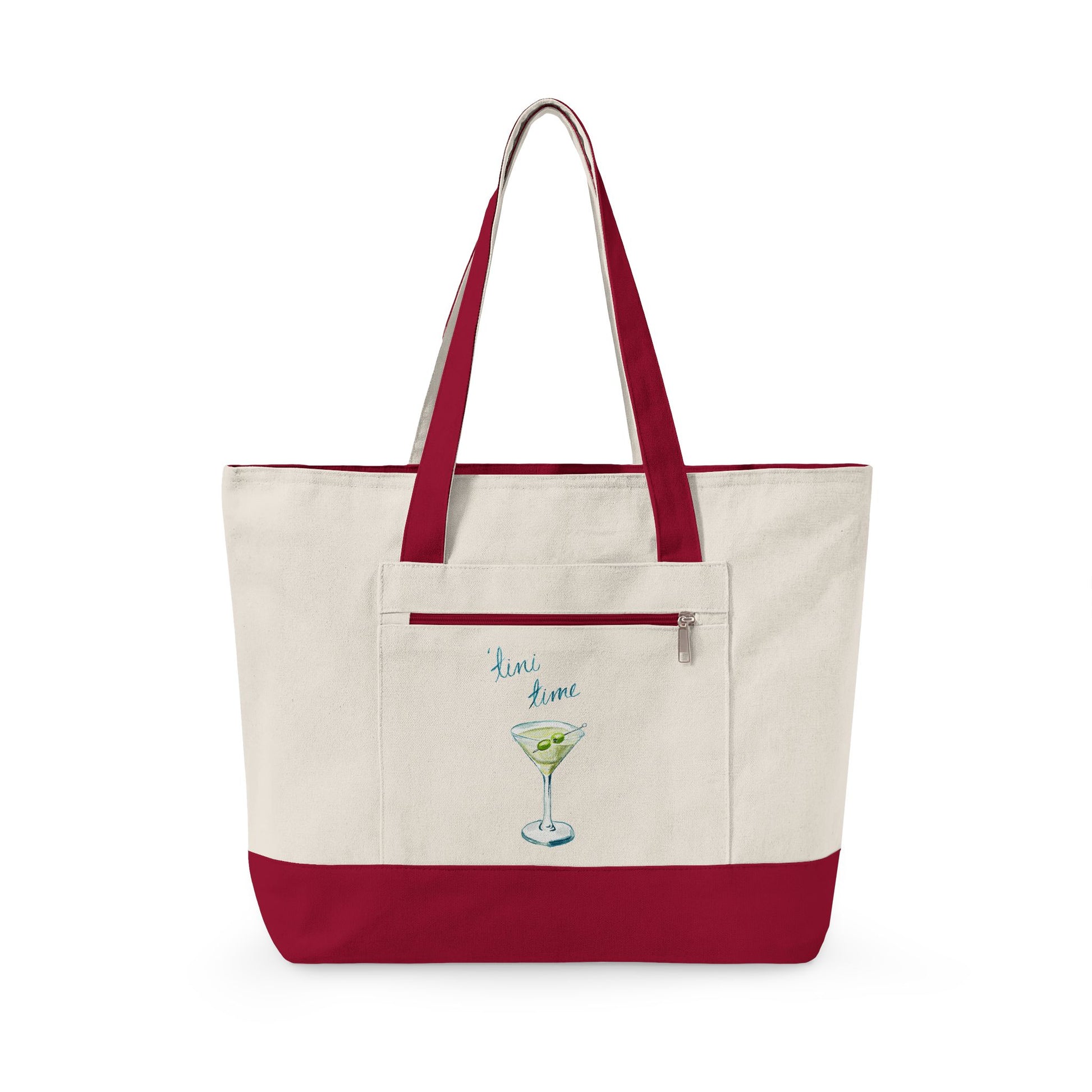 "'Tini Time" Blue Green Watercolor Martini Printed Zippered Canvas Tote 18" x 14" | Various Colors 18" x 14" x 4.5" Natural Red
