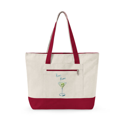 "'Tini Time" Blue Green Watercolor Martini Printed Zippered Canvas Tote 18" x 14" | Various Colors 18" x 14" x 4.5" Natural Red