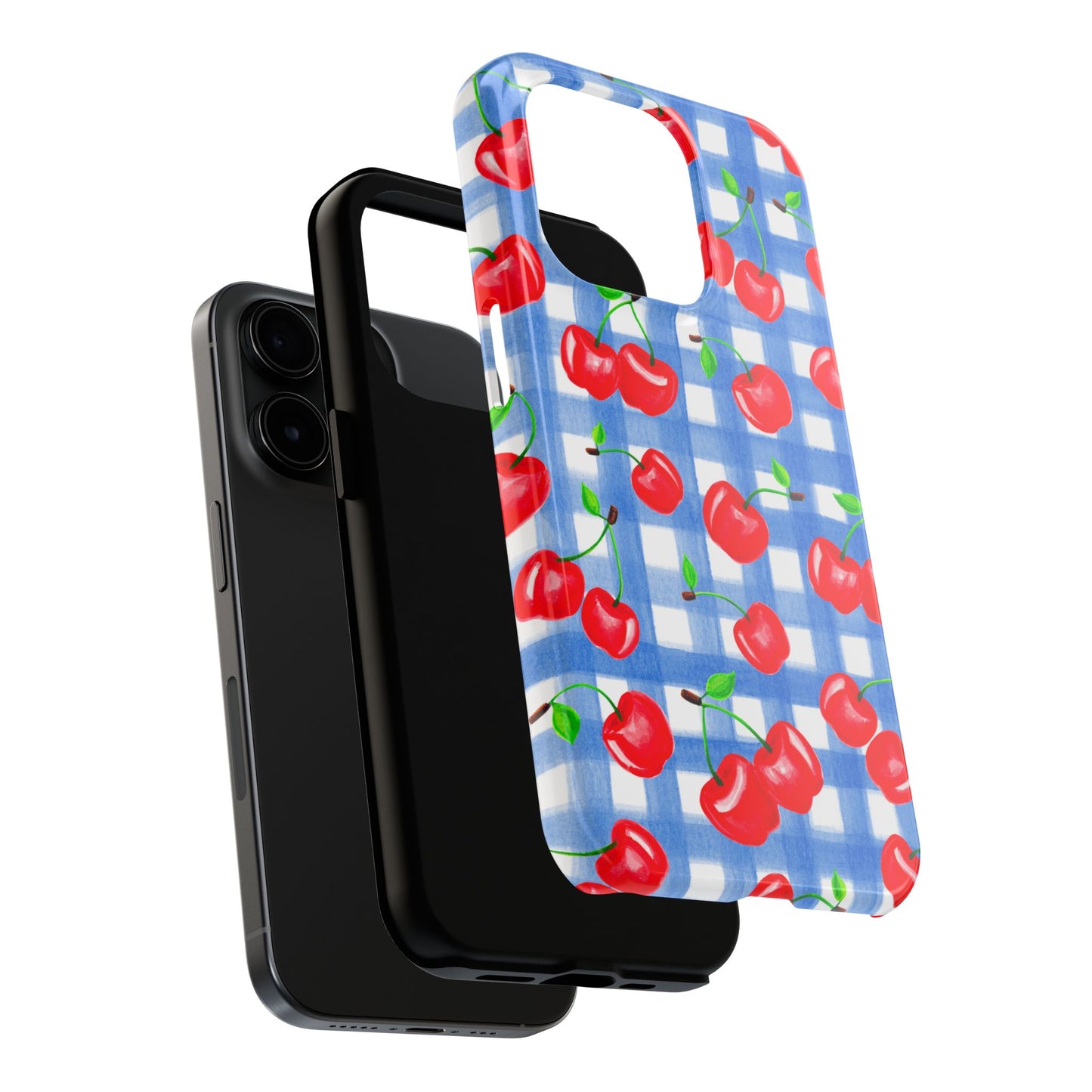 Tossed Red Watercolor Illustrated Cherries Light Blue Gingham Tough Phone Case | Various Models