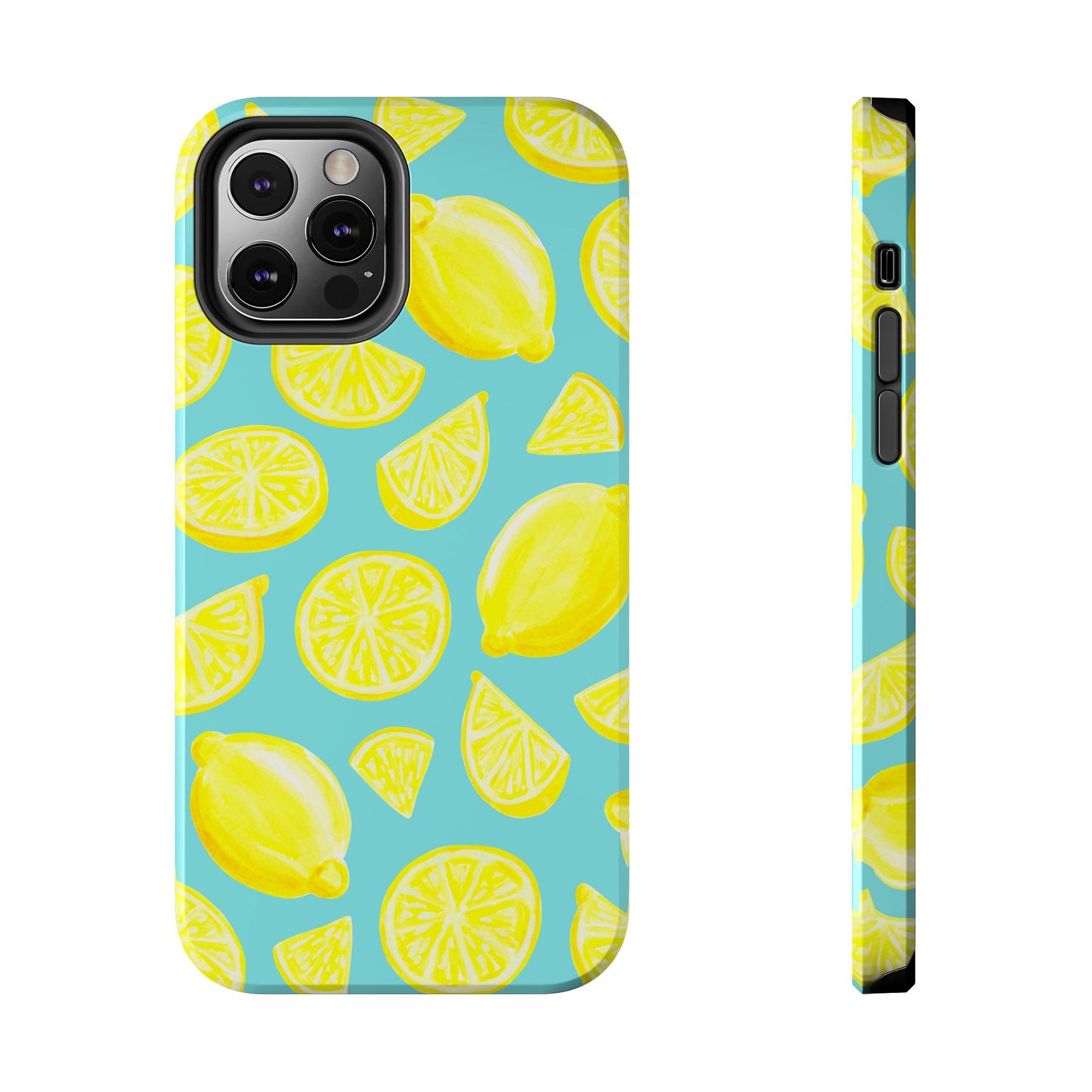Bright Yellow Lemons Watercolor Illustrated Tossed Pattern Turquoise Blue Tough Phone Case | Various Models