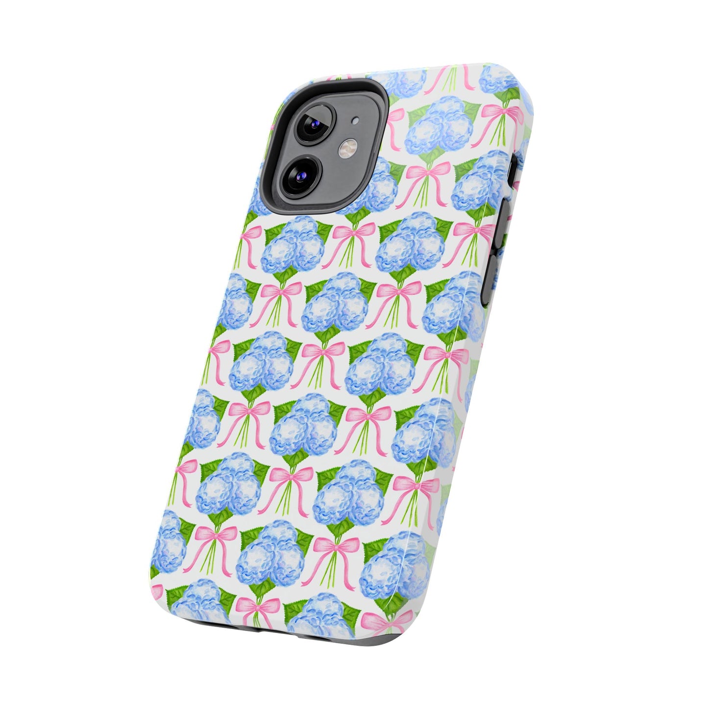 Blue Watercolor Hydrangea Bouqets with Light Pink Bows Watercolor Illustrated Patterned Tough Phone Case | Various Models