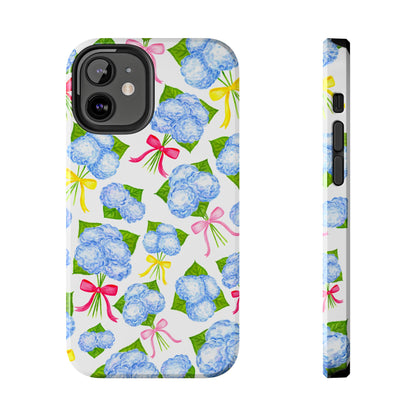Blue Watercolor Hydrangea Bunches with Hot Pink, Yellow, Light Pink Bows Illustrated Patterned Tough Phone Case | Various Models