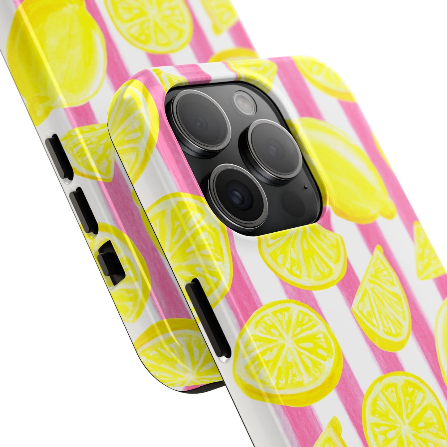 Pink Lemonade Yellow Lemons with Pink & White Watercolor Stripes Tough Phone Case