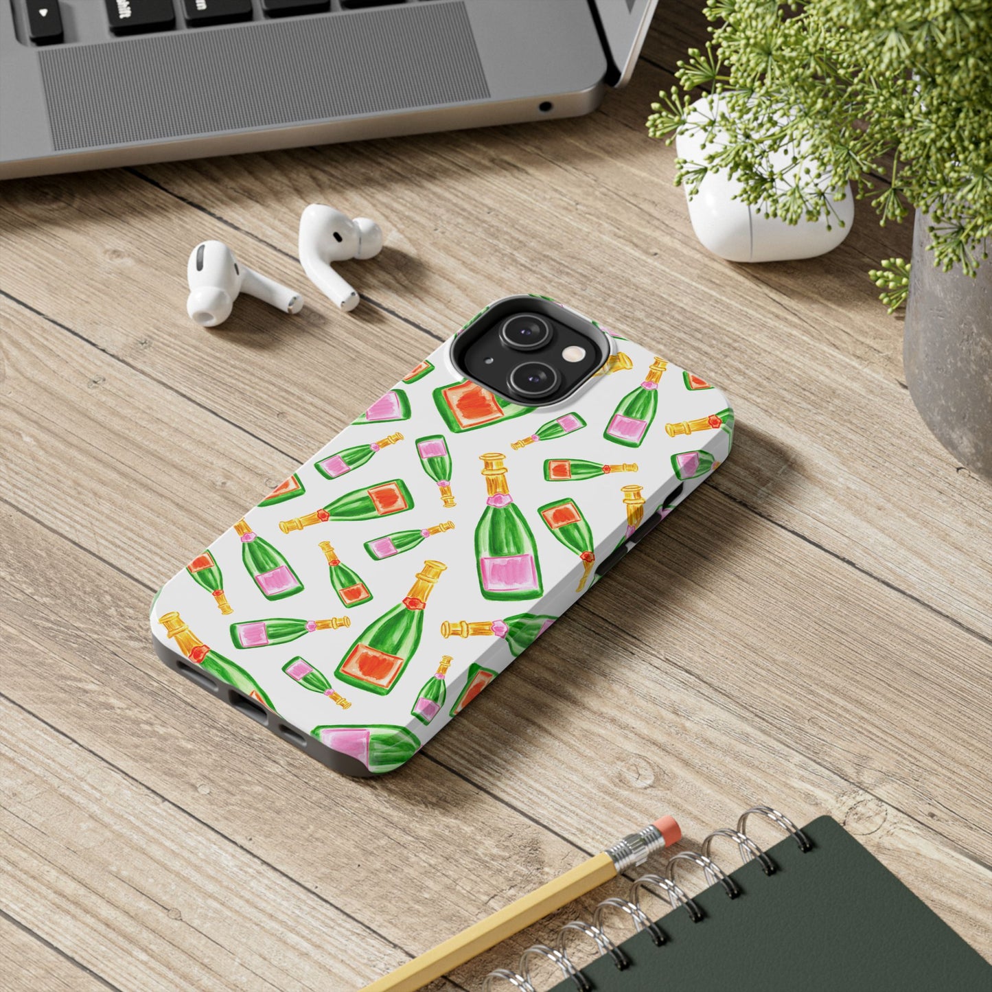 Tossed Pink and Green & Orange and Green Watercolor Illustrated Champagne Bottles Pattern Tough Phone Case | Various Models