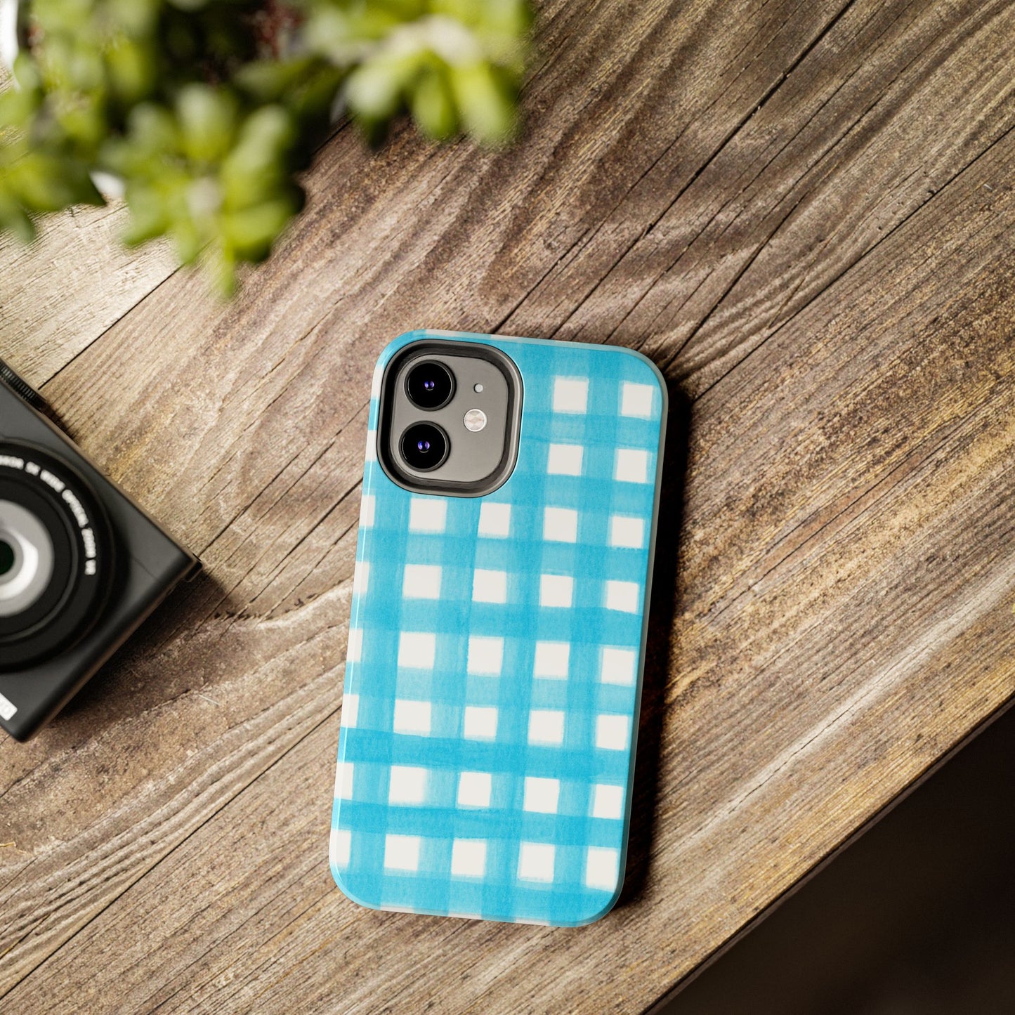Turquoise Gingham Watercolor Illustrated Tough Phone Case | Various Models Available