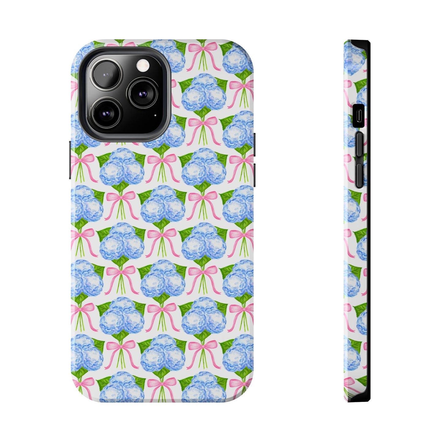 Blue Watercolor Hydrangea Bouqets with Light Pink Bows Watercolor Illustrated Patterned Tough Phone Case | Various Models