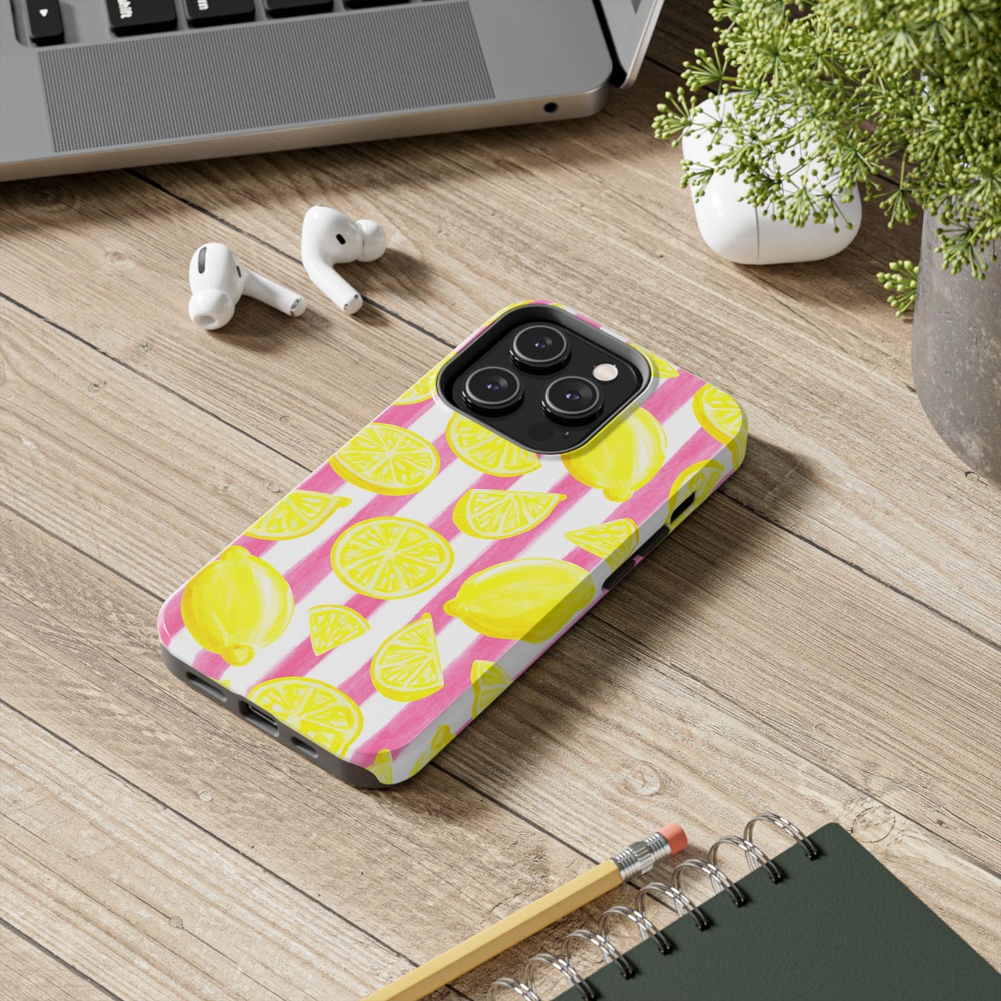 Pink Lemonade Yellow Lemons with Pink & White Watercolor Stripes Tough Phone Case
