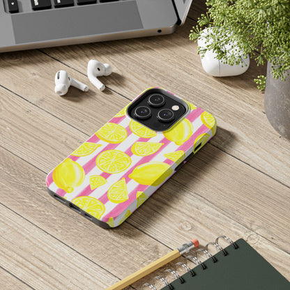 Pink Lemonade Yellow Lemons with Pink & White Watercolor Stripes Tough Phone Case