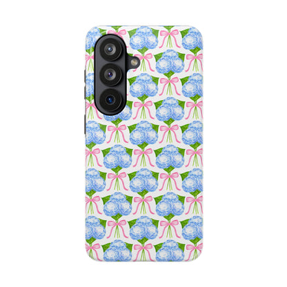 Blue Watercolor Hydrangea Bouqets with Light Pink Bows Watercolor Illustrated Patterned Tough Phone Case | Various Models