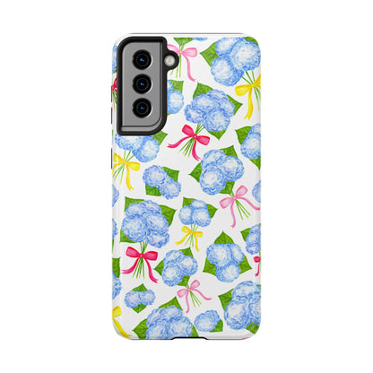 Blue Watercolor Hydrangea Bunches with Hot Pink, Yellow, Light Pink Bows Illustrated Patterned Tough Phone Case | Various Models