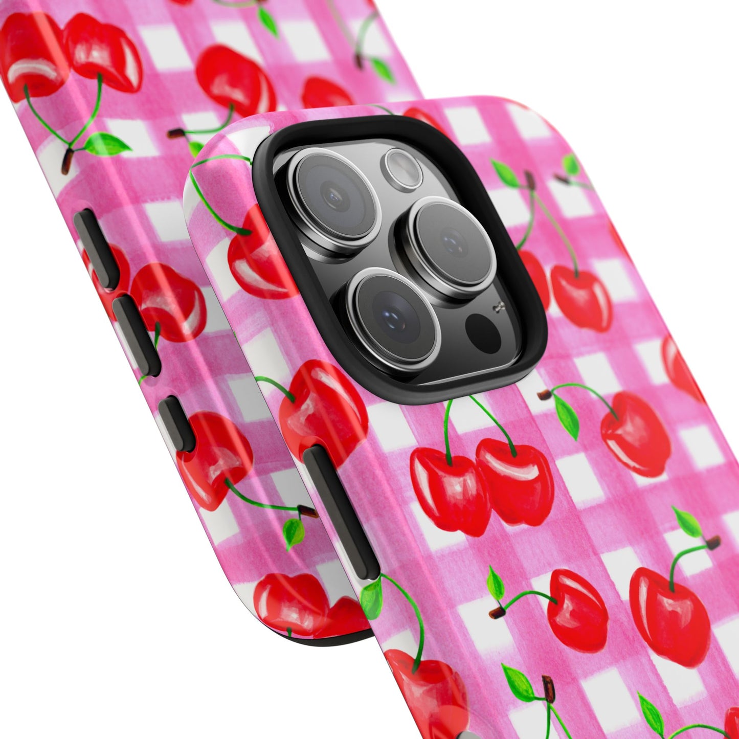 Tossed Red Watercolor Cherries Illustrated Pattern Light Pink Gingham Tough Phone Case | Various Models