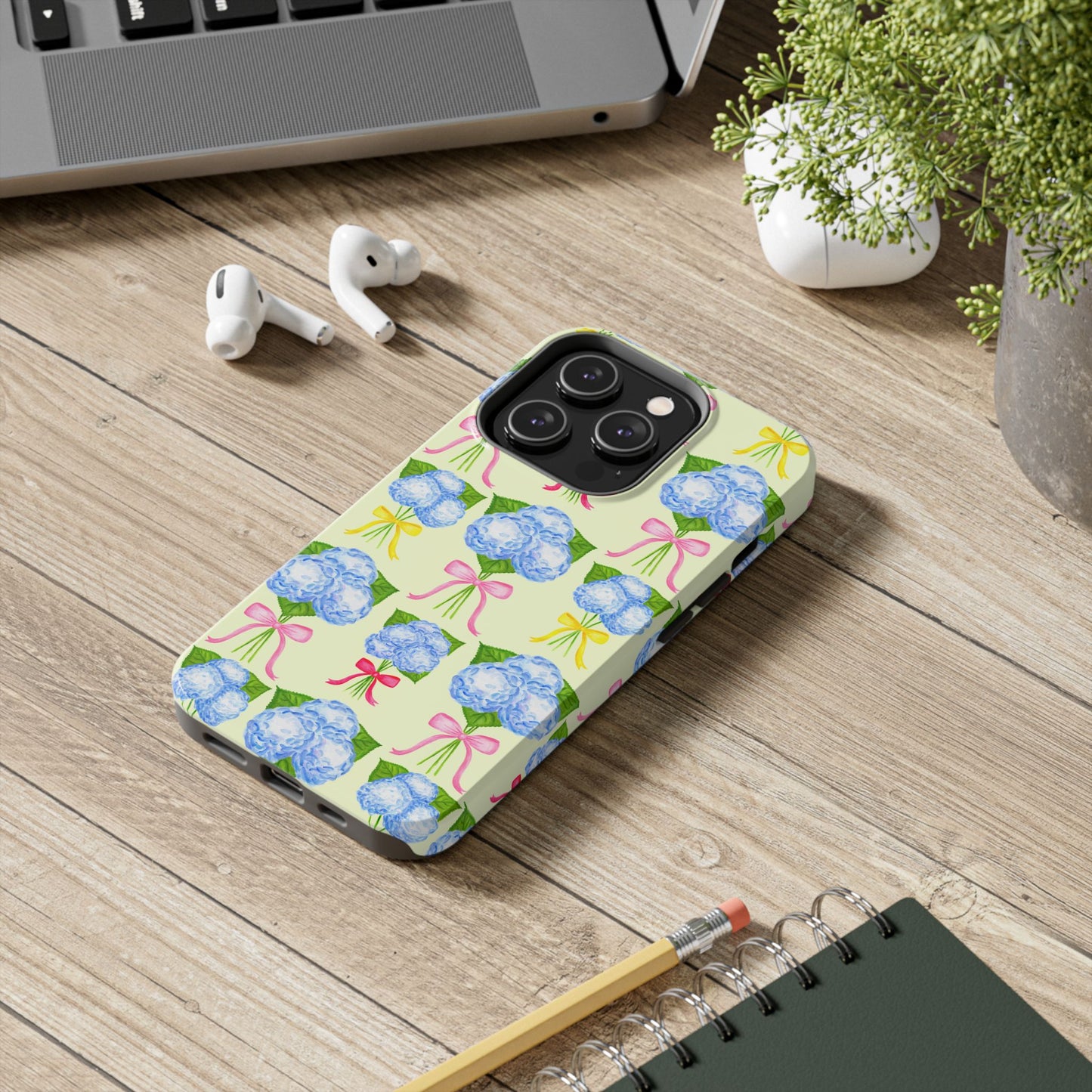 Blue Hydrangeas with Hot Pink, Yellow, Light Pink Bows Watercolor Illustrated Patterned Light Yellow Tough Phone Case | Various Models