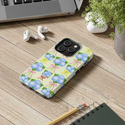 Blue Hydrangeas with Hot Pink, Yellow, Light Pink Bows Watercolor Illustrated Patterned Light Yellow Tough Phone Case | Various Models
