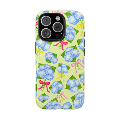 Blue Watercolor Hydrangea Bunches with Hot Pink, Yellow, Light Pink Bows Illustrated Patterned Yellow Tough Phone Case | Various Models