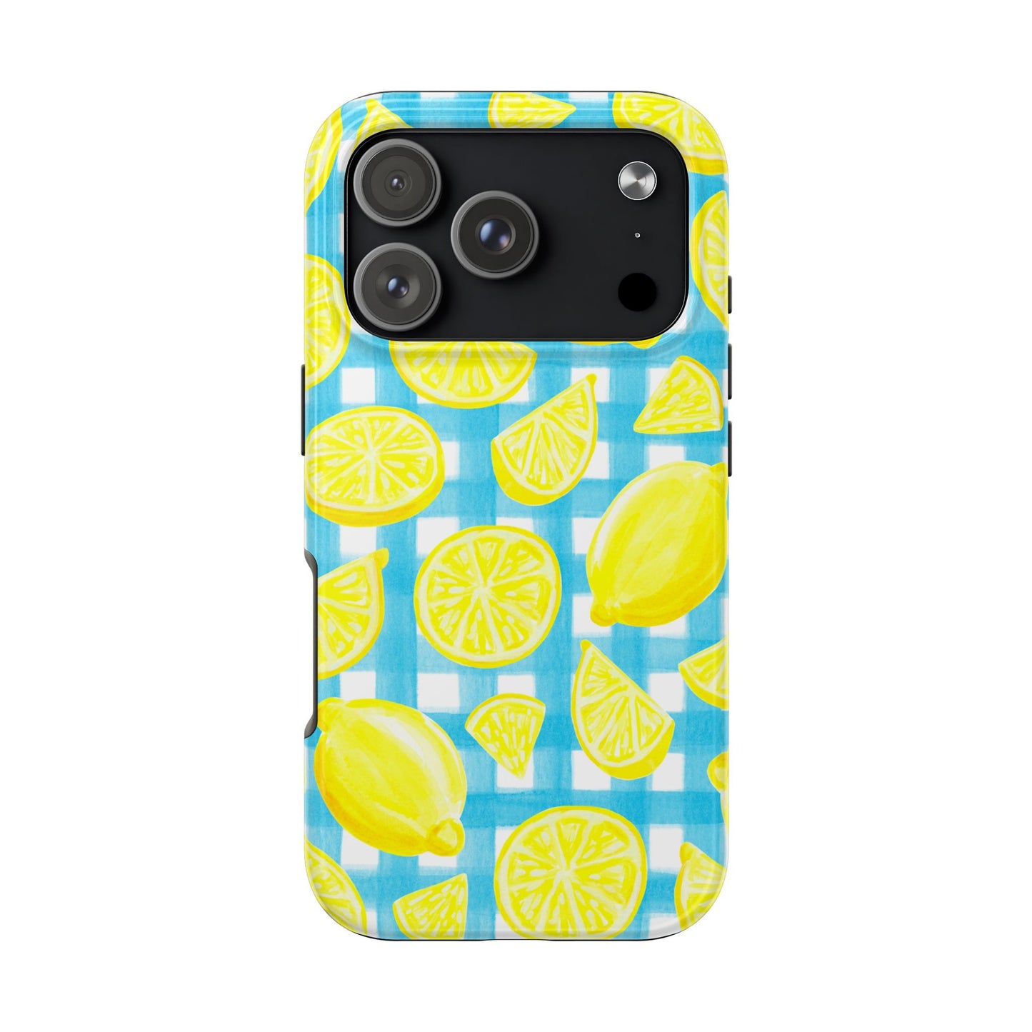 Bright Yellow Lemons Watercolor Illustrated Tossed Pattern Turquoise Gingham Tough Phone Case | Various Models