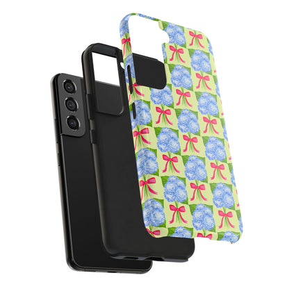 Blue Watercolor Hydrangea Bouquets with Hot Pink Bows Illustrated Patterned Yellow Preppy Grand Millenial Tough Phone Case | Various Models