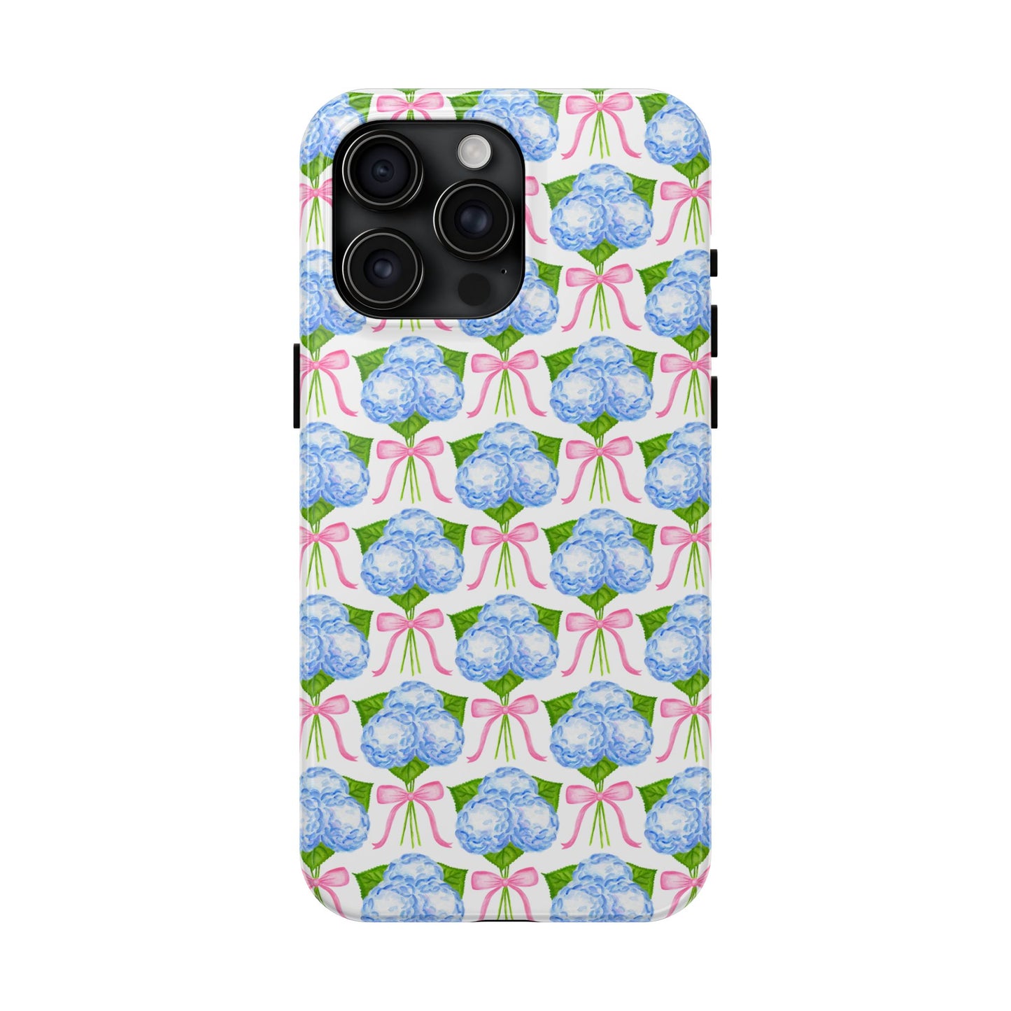 Blue Watercolor Hydrangea Bouqets with Light Pink Bows Watercolor Illustrated Patterned Tough Phone Case | Various Models