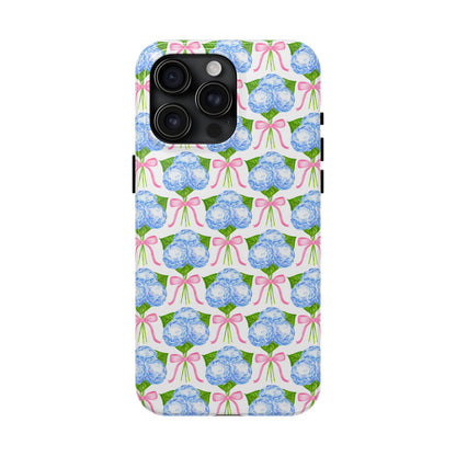 Blue Watercolor Hydrangea Bouqets with Light Pink Bows Watercolor Illustrated Patterned Tough Phone Case | Various Models