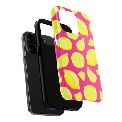 Bright Yellow Lemons Watercolor Illustrated Tossed Pattern Watermelon Pink Tough Phone Case | Various Models