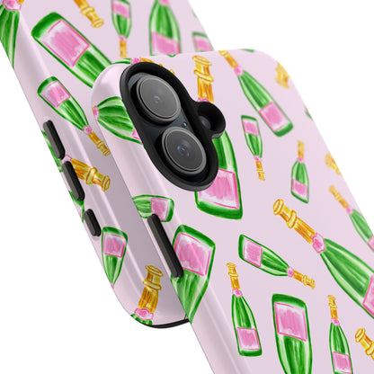 Tossed Pink and Green Watercolor Illustrated Champagne Bottles Pattern Blush Pink Tough Phone Case | Various Models