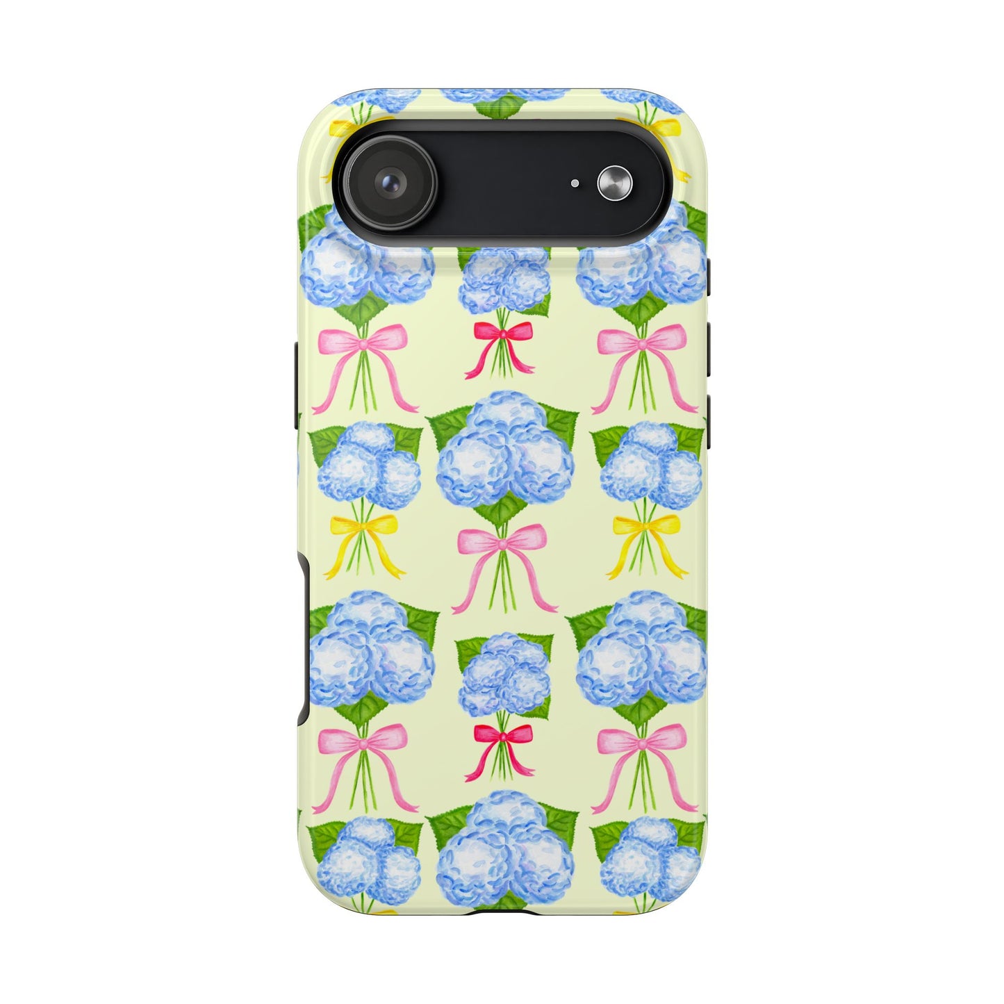 Blue Hydrangeas with Hot Pink, Yellow, Light Pink Bows Watercolor Illustrated Patterned Light Yellow Tough Phone Case | Various Models