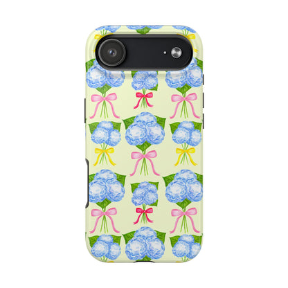 Blue Hydrangeas with Hot Pink, Yellow, Light Pink Bows Watercolor Illustrated Patterned Light Yellow Tough Phone Case | Various Models