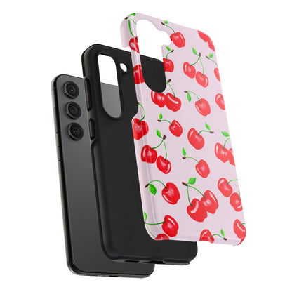 Tossed Red Watercolor Cherries Illustrated Pattern Light Pink Tough Phone Case | Various Models