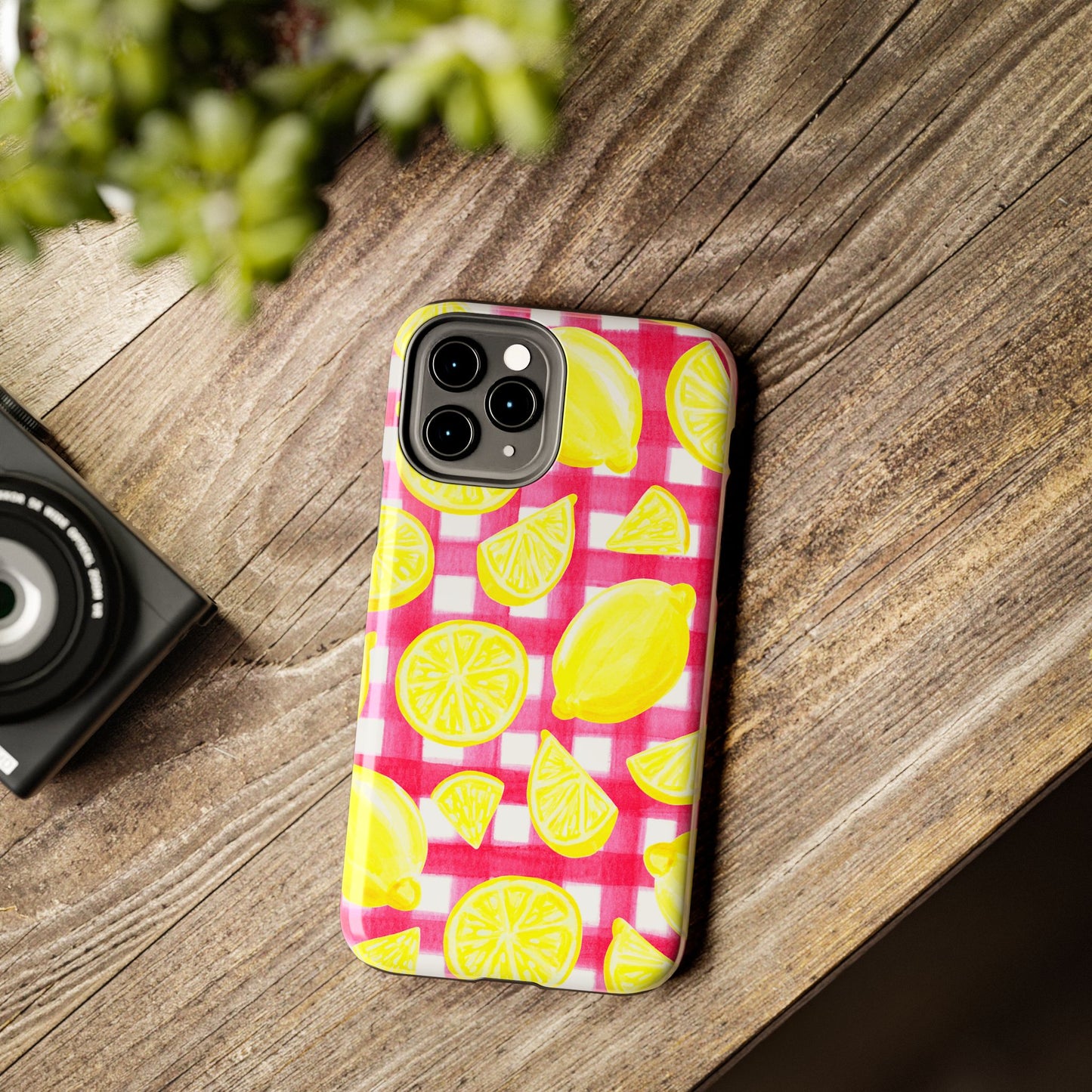 Yellow Lemons & Hot Pink Gingham Watercolor Illustrated Tough Phone Case | Various Models Available