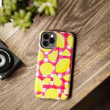Yellow Lemons & Hot Pink Gingham Watercolor Illustrated Tough Phone Case | Various Models Available