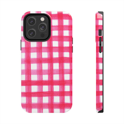 Hot Pink Gingham Watercolor Preppy Tough Phone Case | Various models iPhone 14 Pro Max
