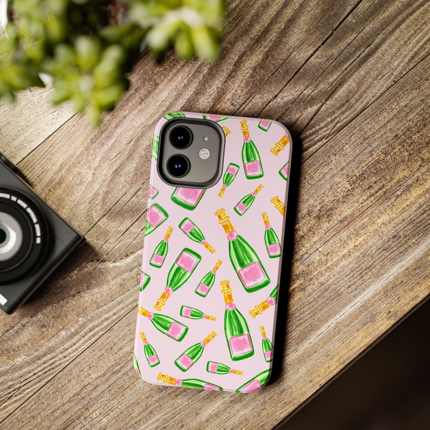 Tossed Pink and Green Watercolor Illustrated Champagne Bottles Pattern Blush Pink Tough Phone Case | Various Models