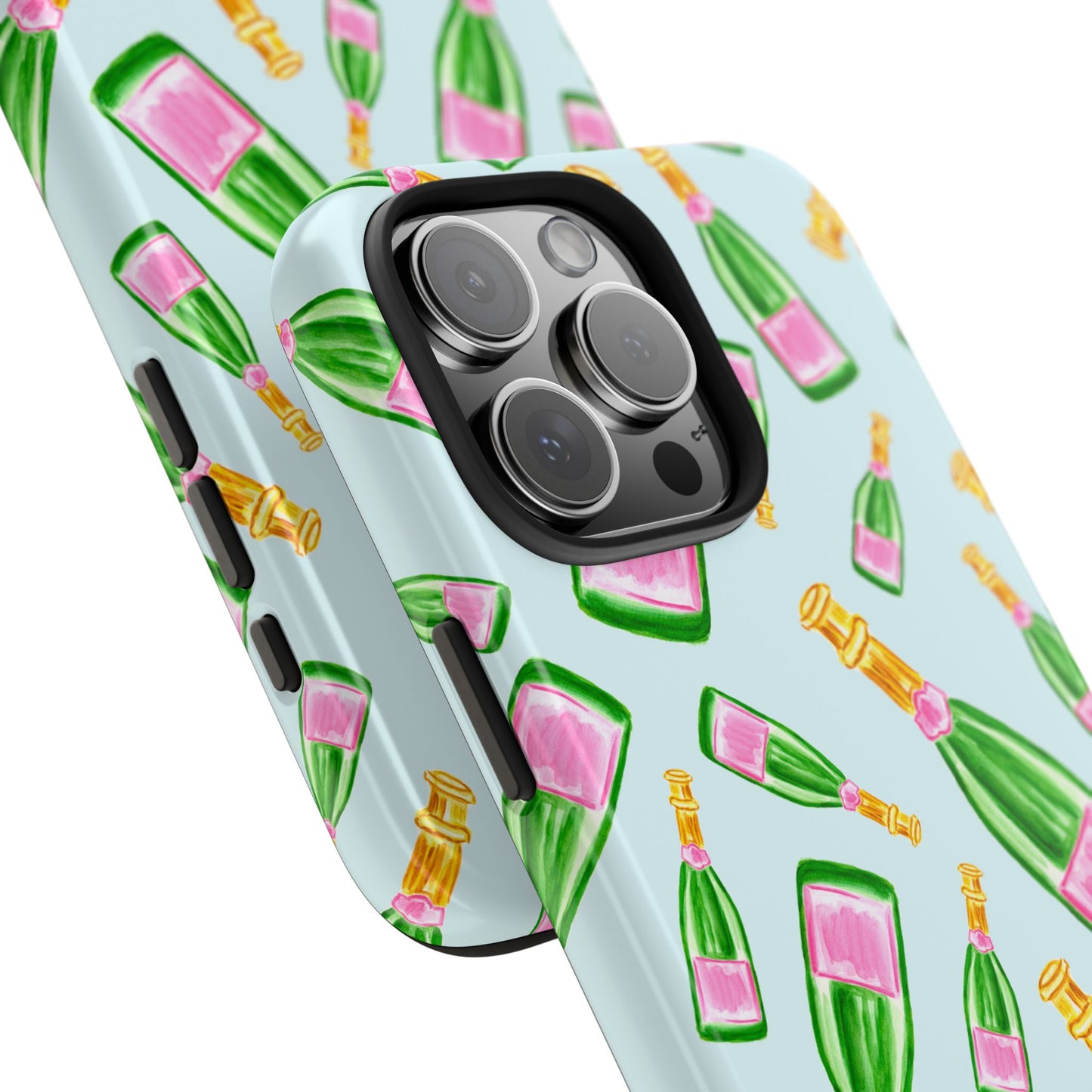Tossed Pink and Green Watercolor Illustrated Champagne Bottles Pattern Light Blue Tough Phone Case | Various Models