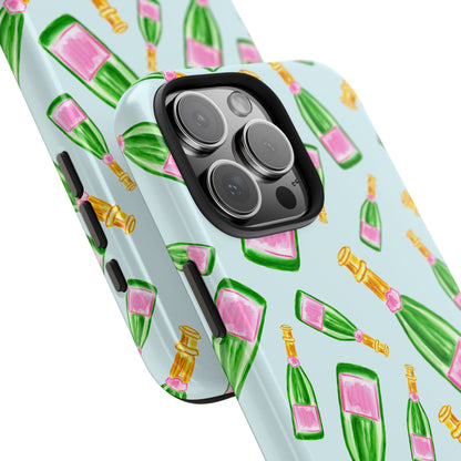 Tossed Pink and Green Watercolor Illustrated Champagne Bottles Pattern Light Blue Tough Phone Case | Various Models
