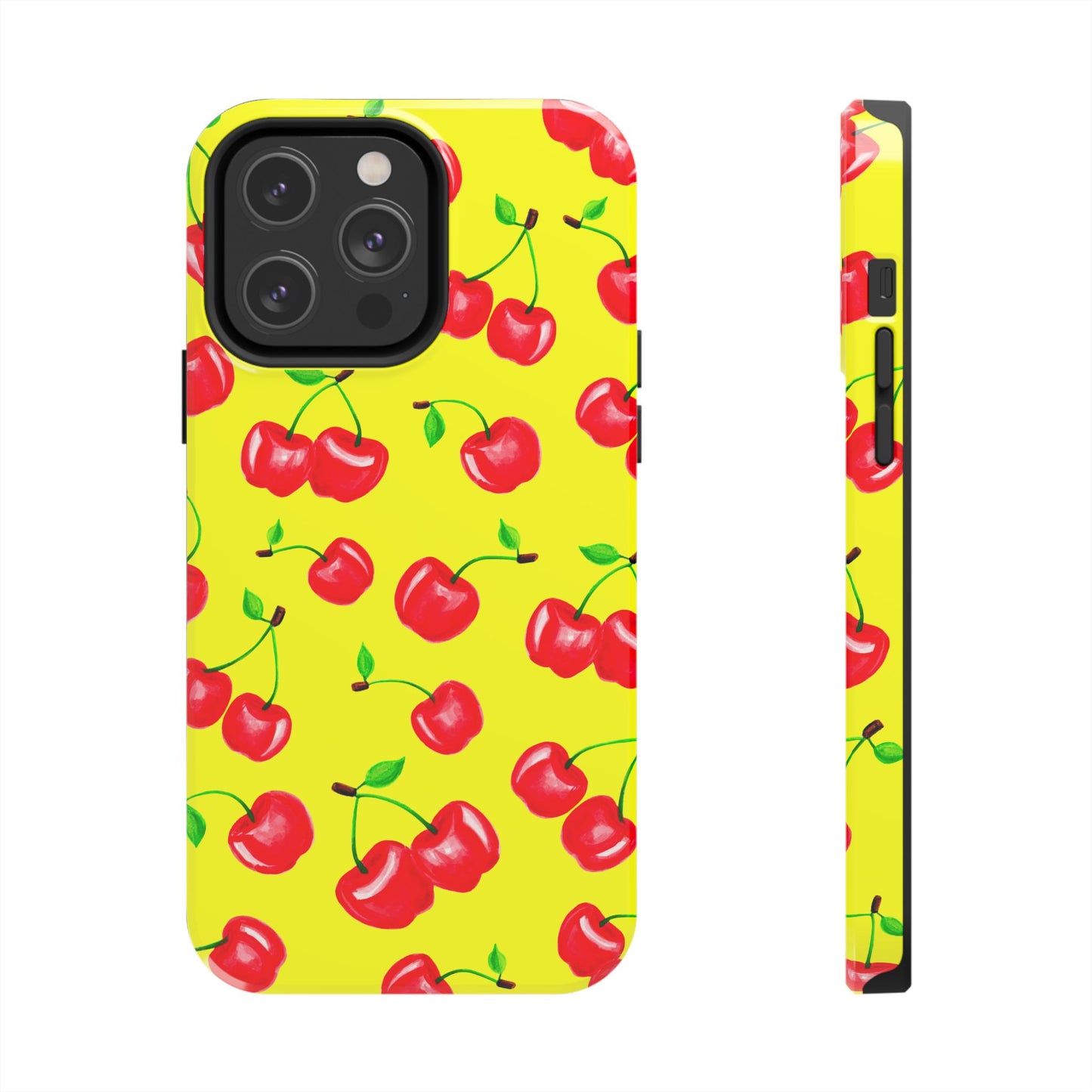 Tossed Red Watercolor Cherries Illustrated Pattern Bright Yellow Tough Phone Case | Various Models