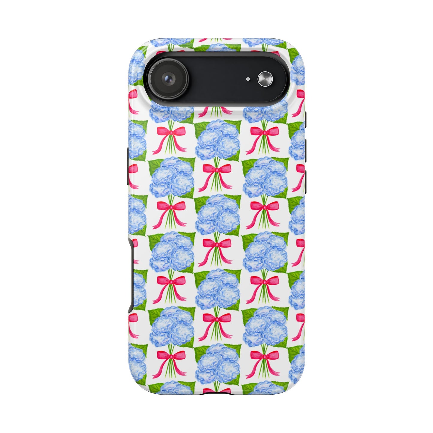 Blue Watercolor Hydrangea Bouquets with Hot Pink Bows Illustrated Patterned Tough Phone Case | Various Models
