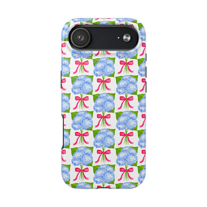 Blue Watercolor Hydrangea Bouquets with Hot Pink Bows Illustrated Patterned Tough Phone Case | Various Models