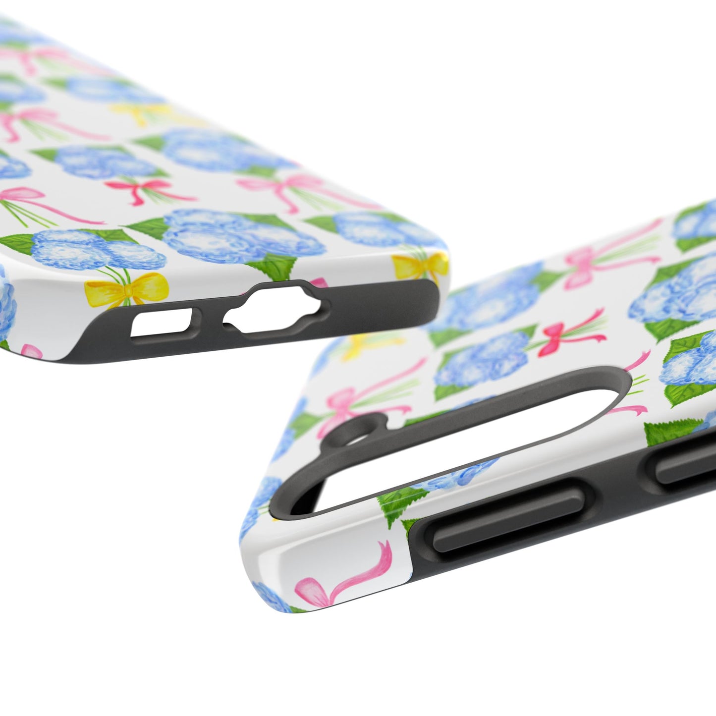 Blue Hydrangeas with Hot Pink, Yellow, Light Pink Bows Watercolor Illustrated Patterned Tough Phone Case | Various Models