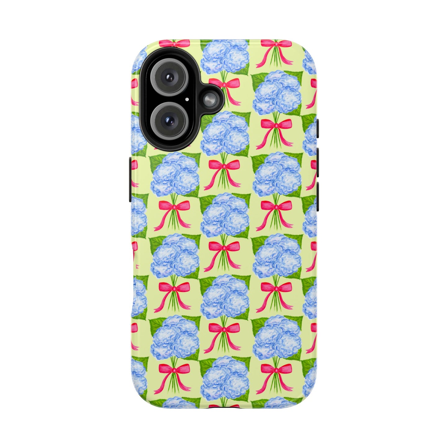 Blue Watercolor Hydrangea Bouquets with Hot Pink Bows Illustrated Patterned Yellow Preppy Grand Millenial Tough Phone Case | Various Models