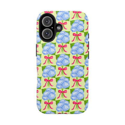 Blue Watercolor Hydrangea Bouquets with Hot Pink Bows Illustrated Patterned Yellow Preppy Grand Millenial Tough Phone Case | Various Models