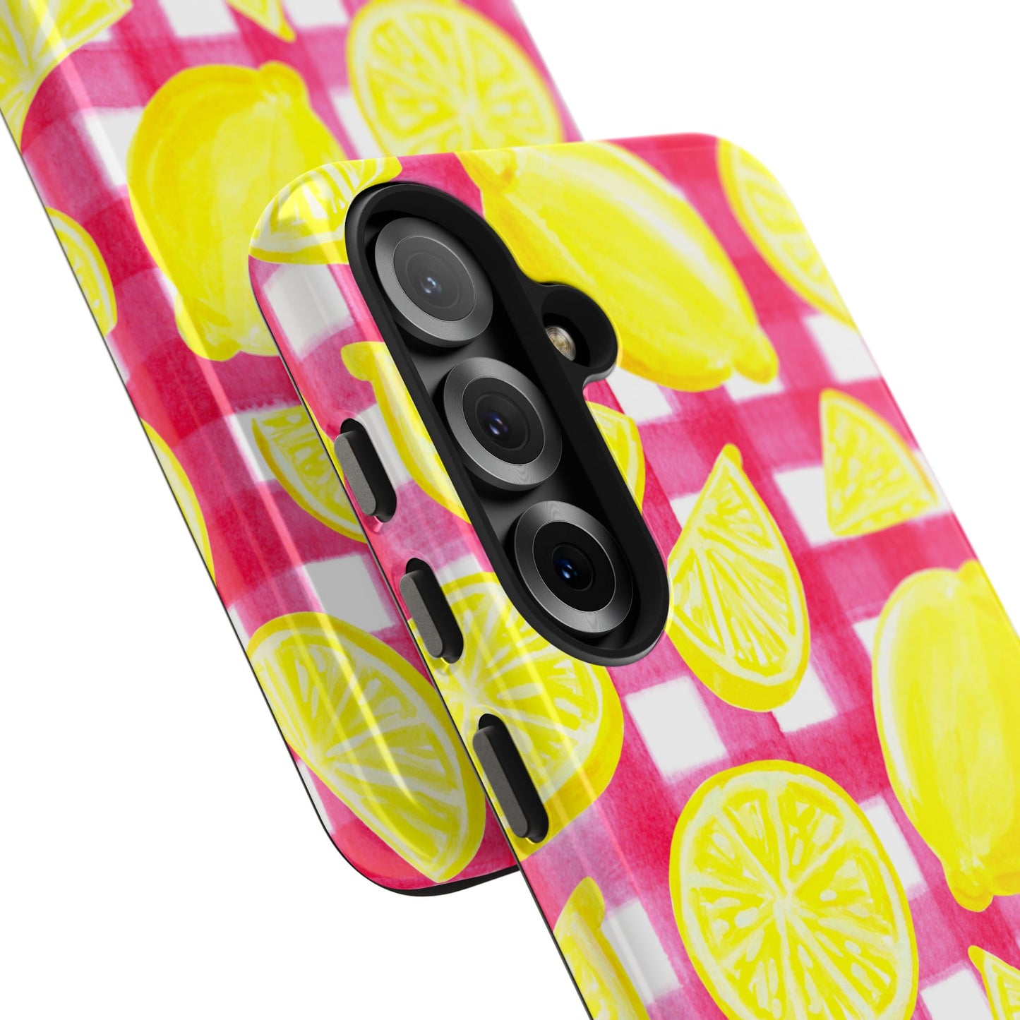 Yellow Lemons & Hot Pink Gingham Watercolor Illustrated Tough Phone Case | Various Models Available
