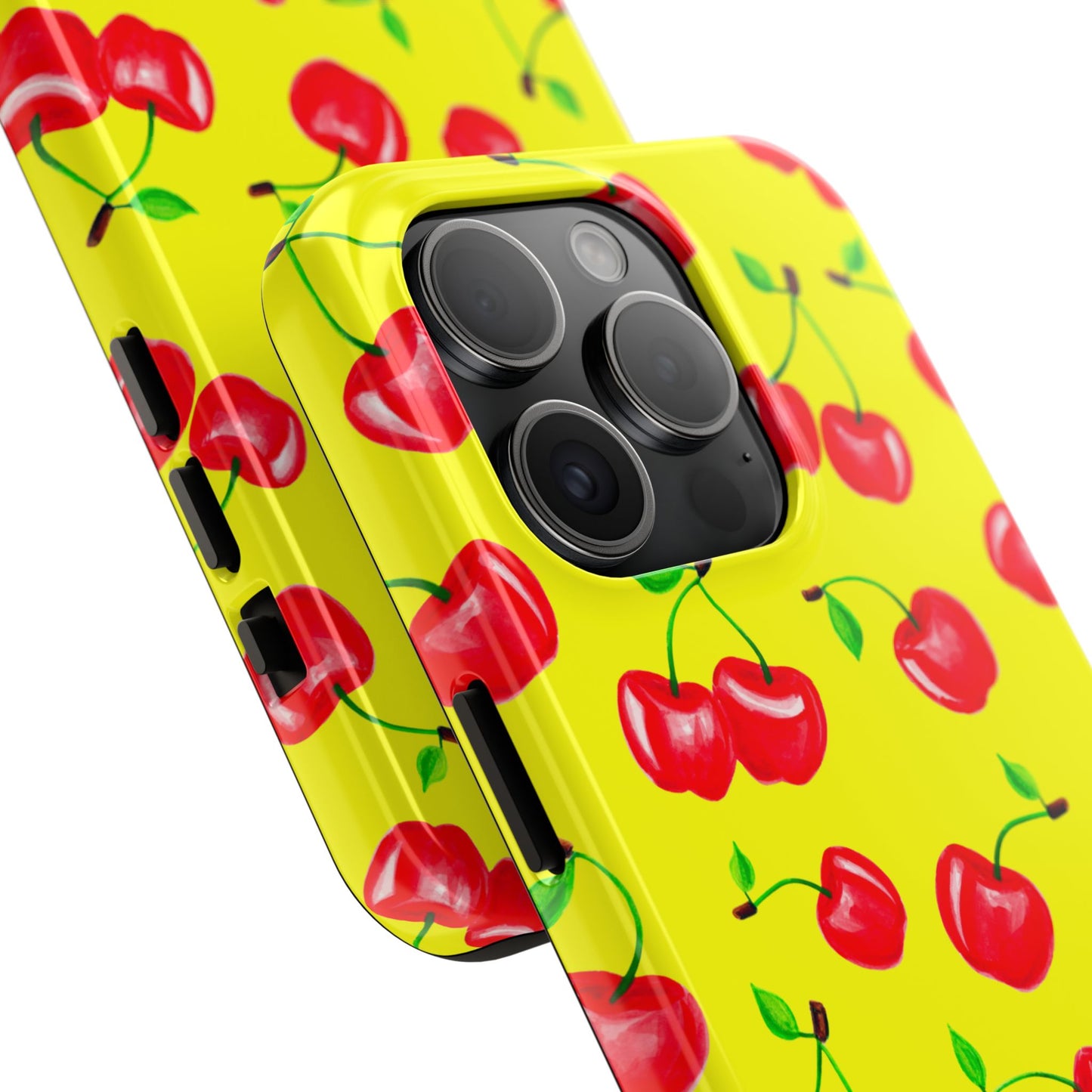 Tossed Red Watercolor Cherries Illustrated Pattern Bright Yellow Tough Phone Case | Various Models