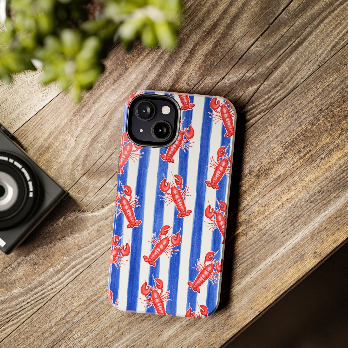 Blue & White Strip Red Lobster Watercolor Patterned Phone Case | Various Models