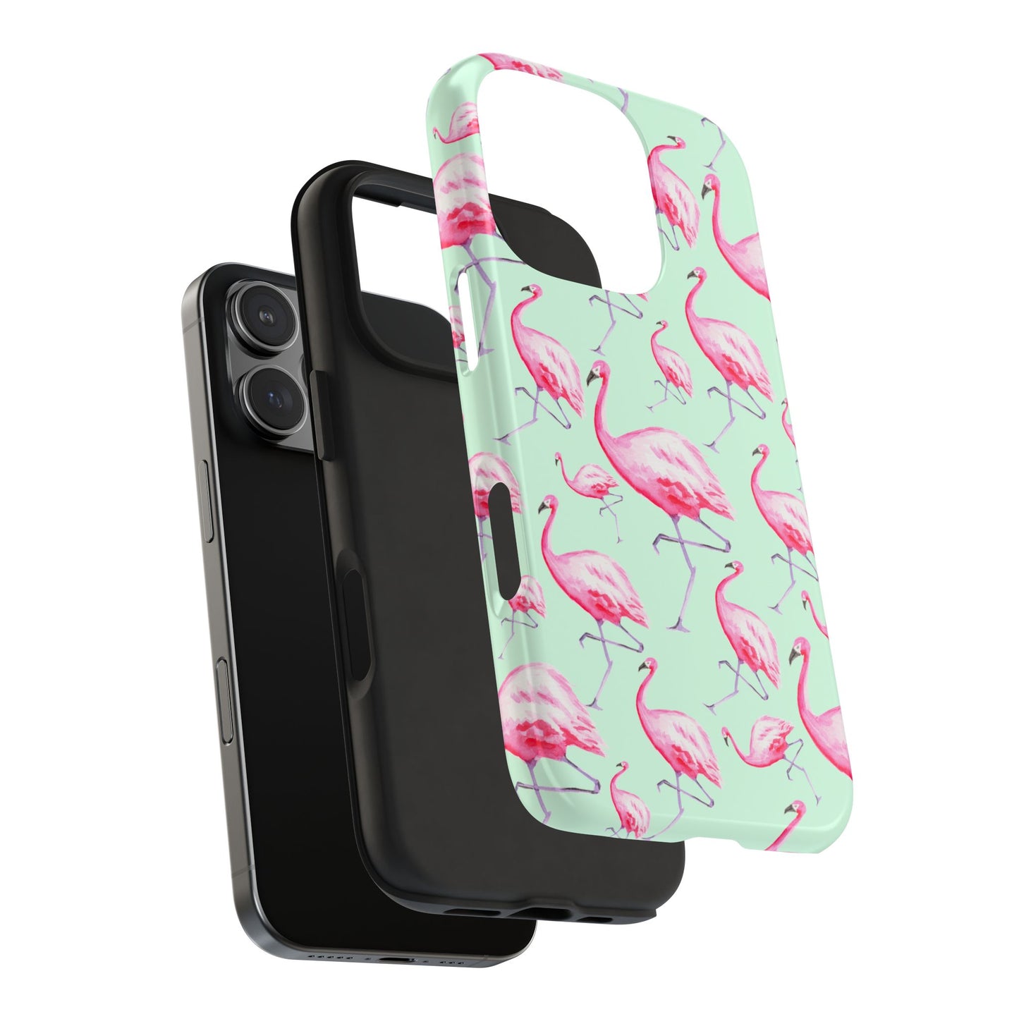 Pink Flamingos Watercolor Illustrated Tossed Pattern Green Phone Case | Various Models
