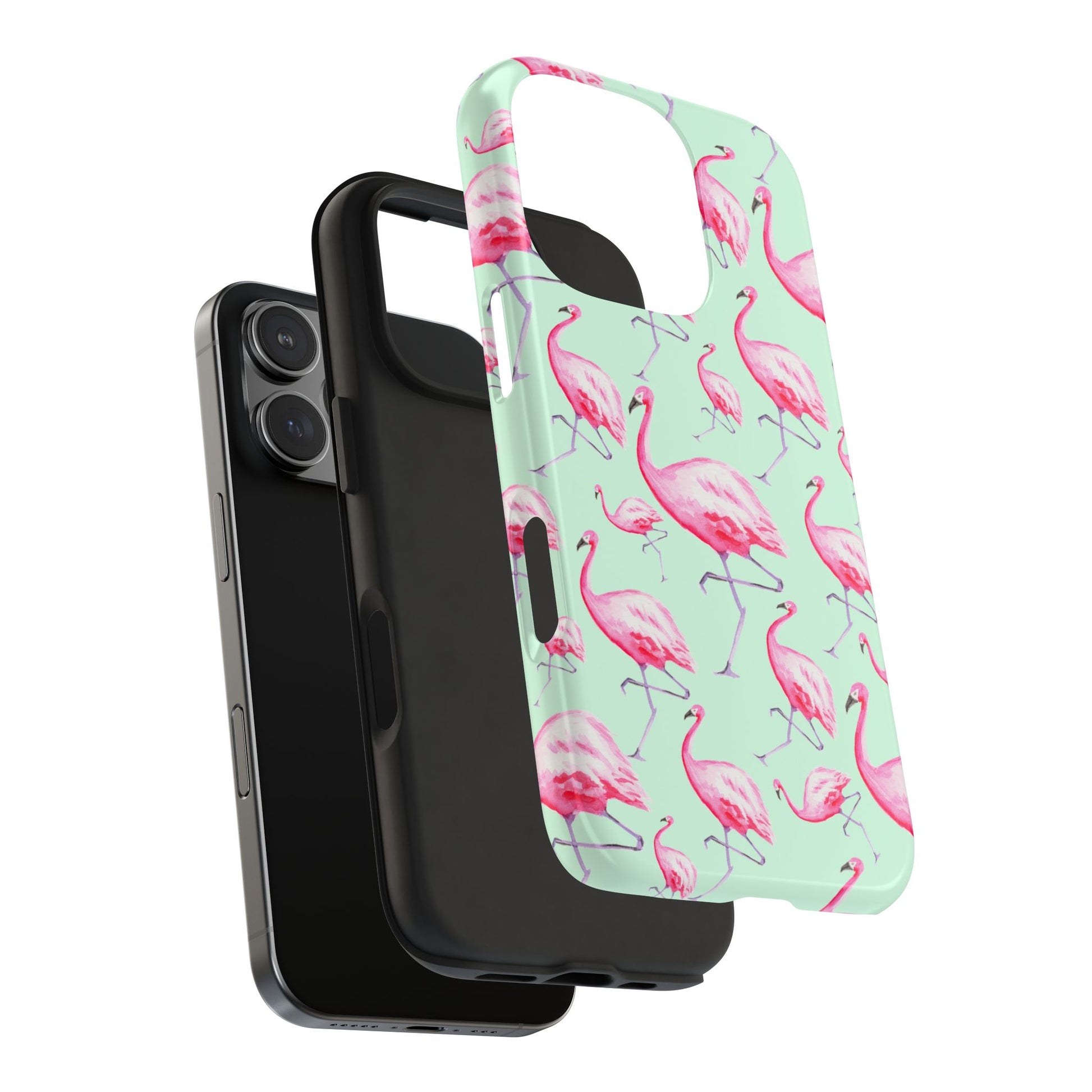 Pink Flamingos Watercolor Illustrated Tossed Pattern Green Phone Case | Various Models