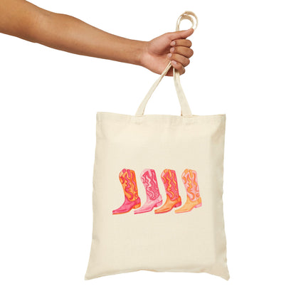 Canvas Tote | Row of Hot Pink and Orange Cowboy Boot Watercolor Illustrated Tote Bag | Western Preppy Gift | Coastal Cowgirl Market Tote