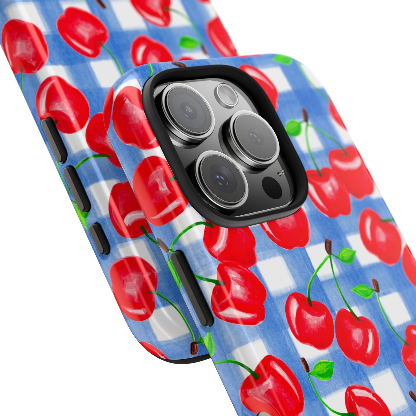 Tossed Red Cherries Blue Gingham Checkered Watercolor Illustrated Tough Phone Case | Various Models