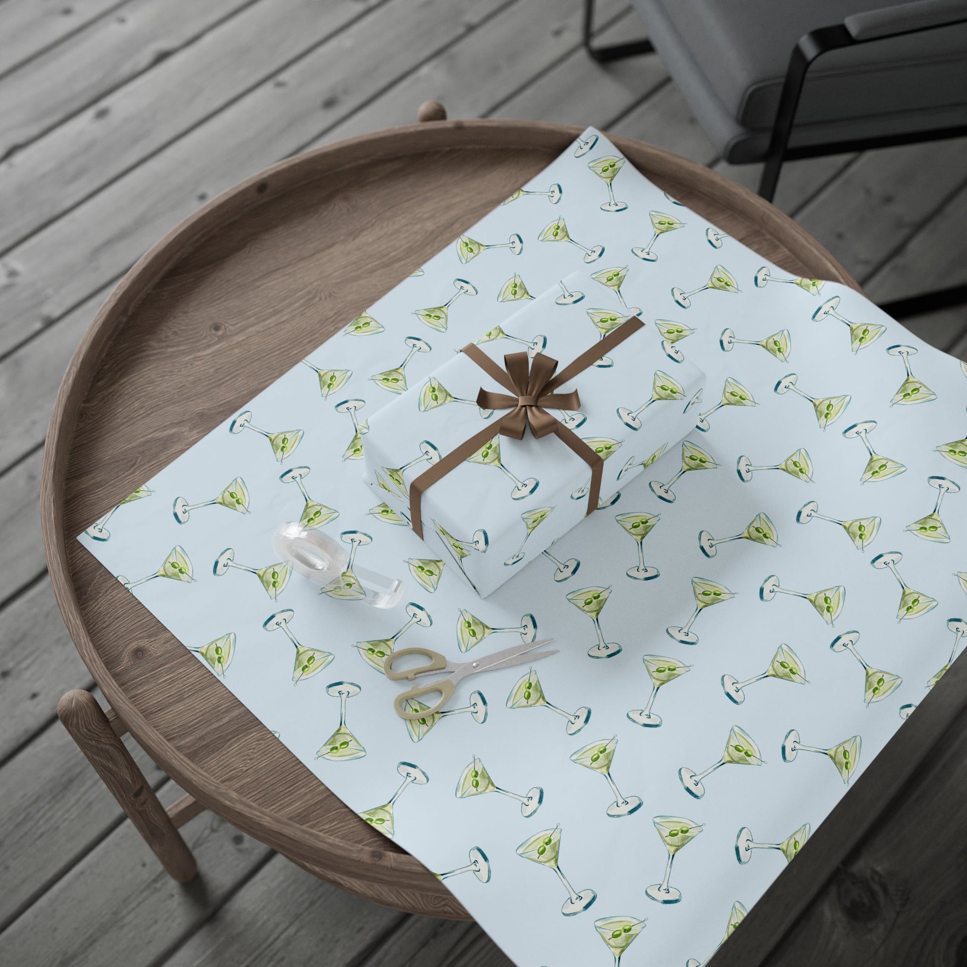 Gift Wrap | Pale Blue Watercolor Martini Tossed Pattern | Matte or Glossy